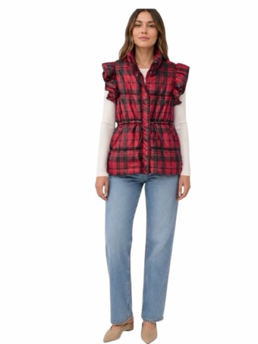 Entro Plaid Ruffle Sleeve Puffer Vest‎